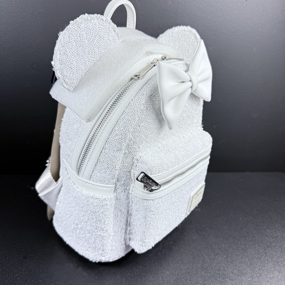 Loungefly Disney Minnie White Sequin Wedding Mini Backpack Iridescent‎ Bride - Picture 3 of 8